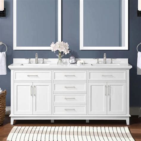 This vanity is brimming with ample storage that will maintain a clutter-free space while keeping your daily essentials conveniently within reach. . Costcocom vanities